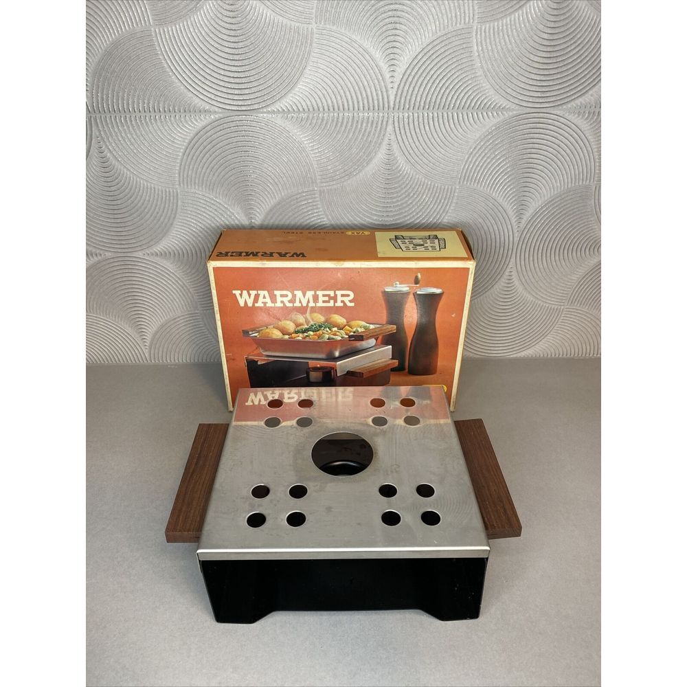 Vintage Food Warmer Yax Stainless Steel Wood Handle One Candle Hot Plate Boxed